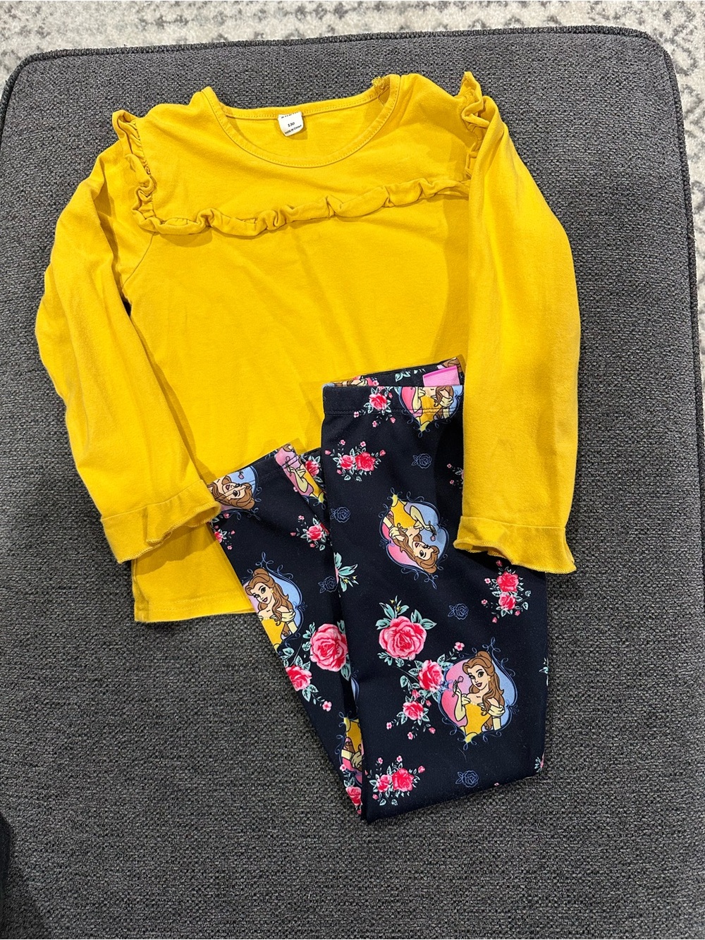SHEIN Yellow Ruffle Top with Disney Black Floral Bell Leggings Set